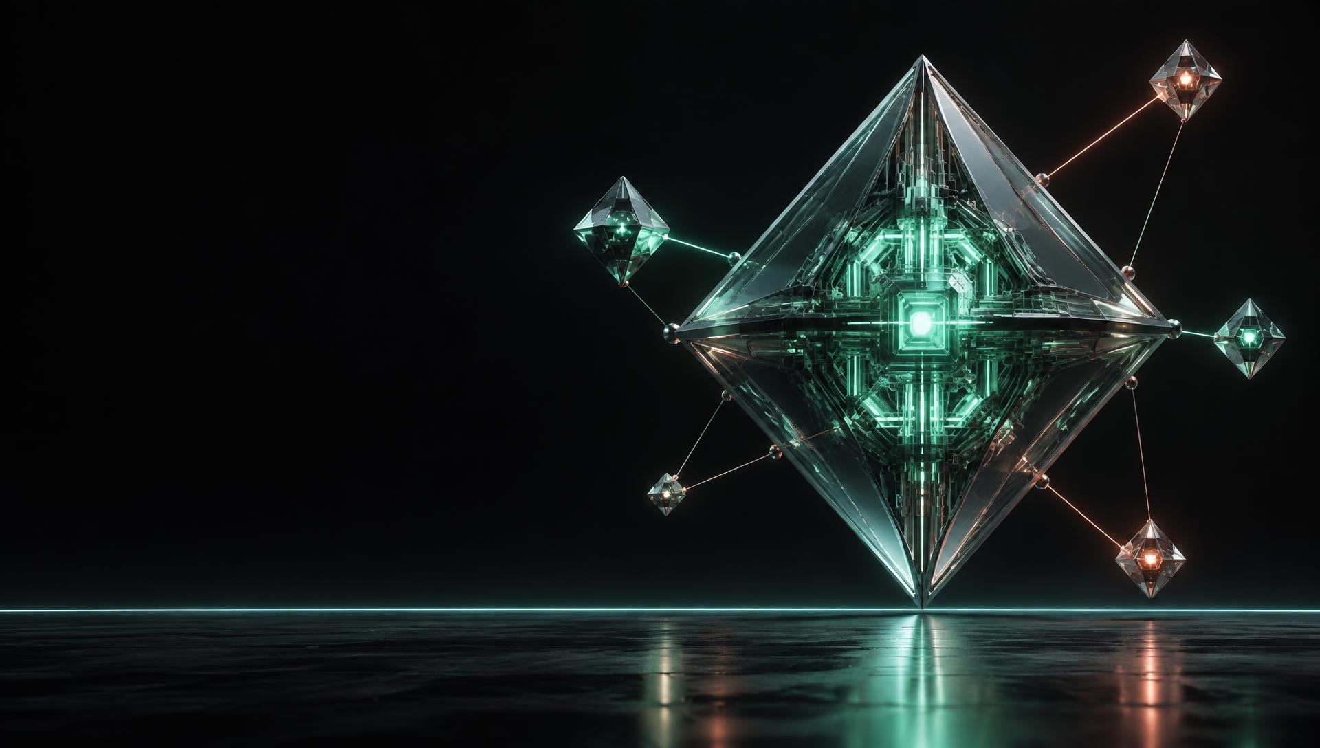 Conceptual Aventus network node, a luminous glass crystal connected to surrounding nodes